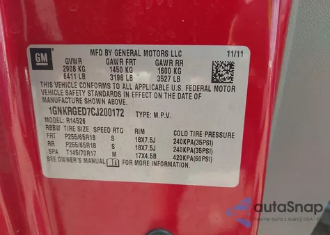 2012 Chevrolet Traverse 1Lt z USA, uszkodzony, nr VIN 1GNKRGED7CJ200172